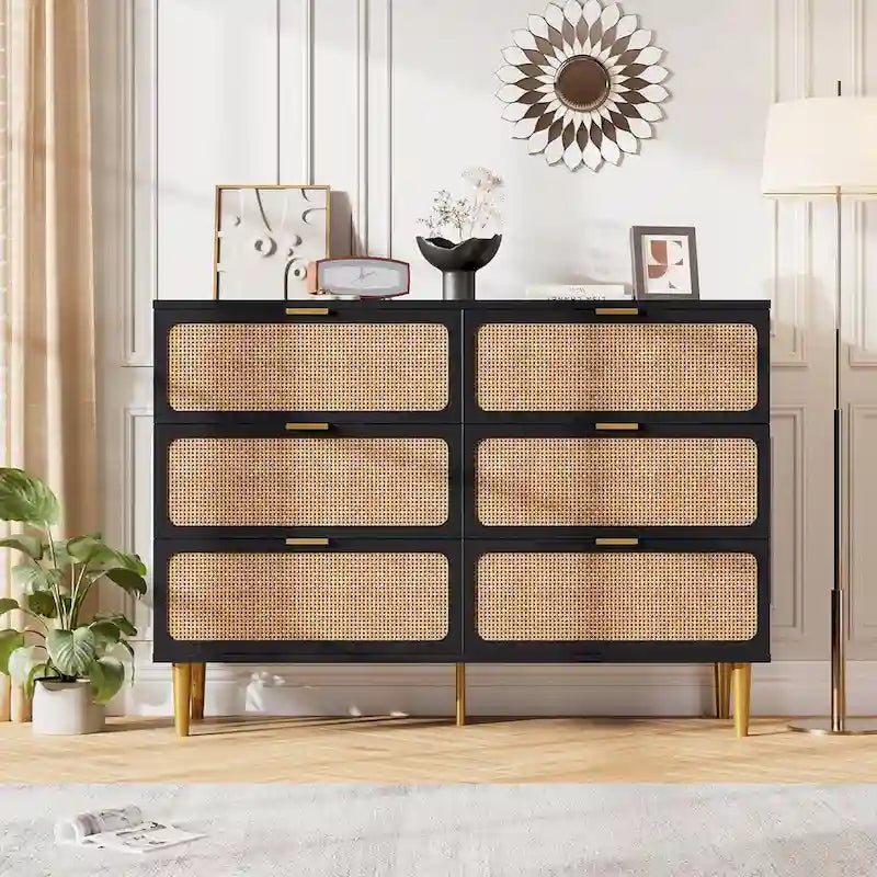 Commode à 6 tiroirs pour chambre à coucher, commode en rotin