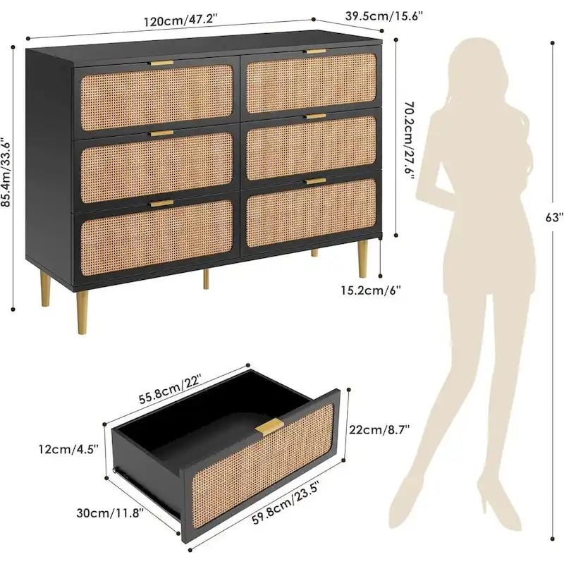 Commode à 6 tiroirs pour chambre à coucher, commode en rotin