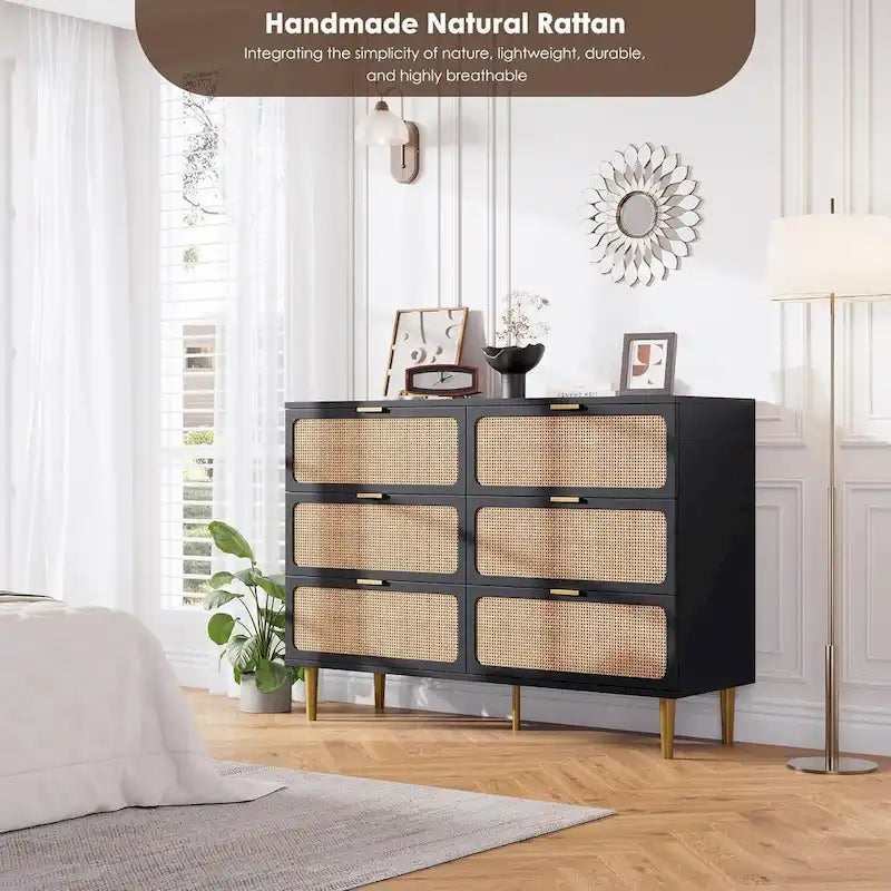 Commode à 6 tiroirs pour chambre à coucher, commode en rotin