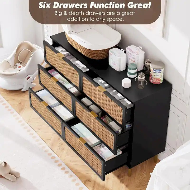 Commode à 6 tiroirs pour chambre à coucher, commode en rotin