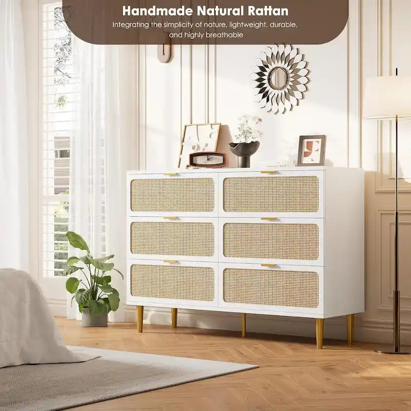 Commode à 6 tiroirs pour chambre à coucher, commode en rotin