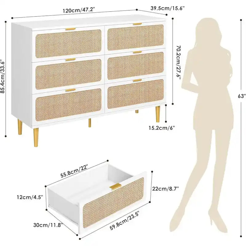 Commode à 6 tiroirs pour chambre à coucher, commode en rotin