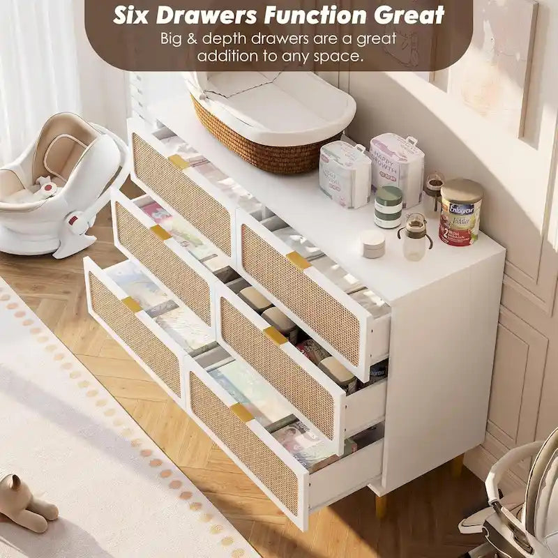 Commode à 6 tiroirs pour chambre à coucher, commode en rotin