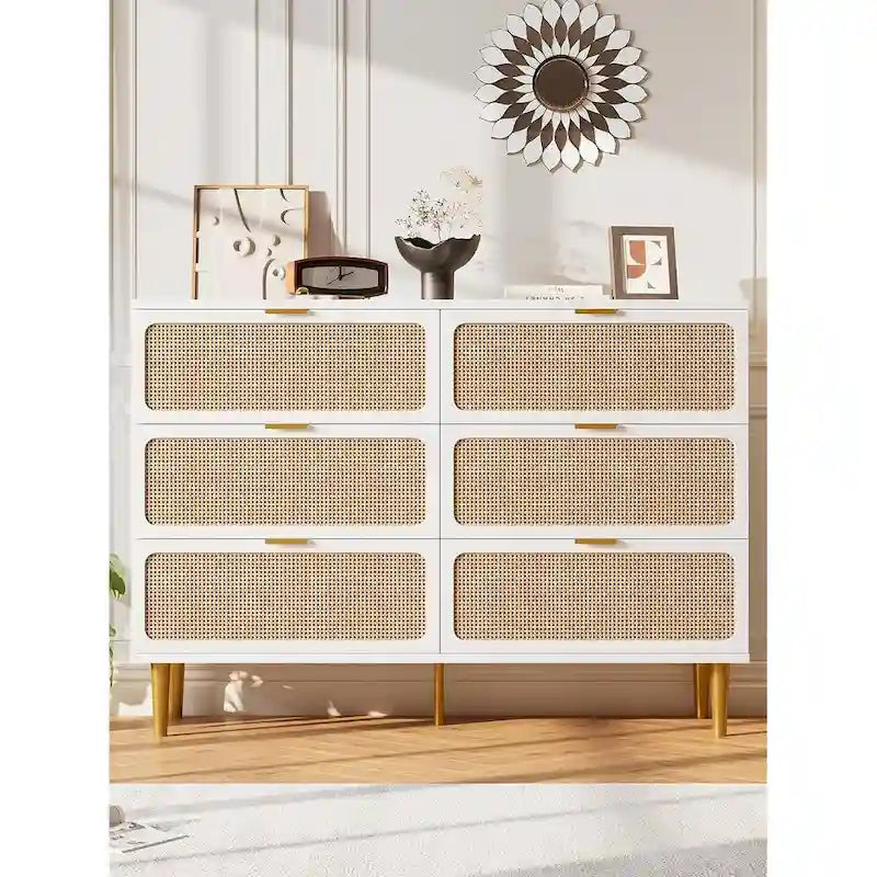 Commode à 6 tiroirs pour chambre à coucher, commode en rotin
