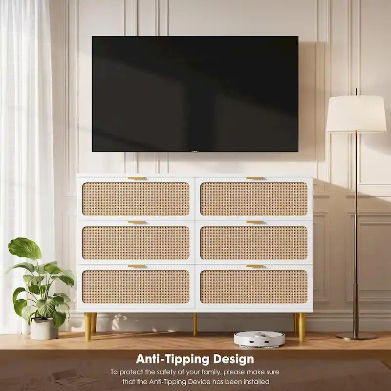 Commode à 6 tiroirs pour chambre à coucher, commode en rotin