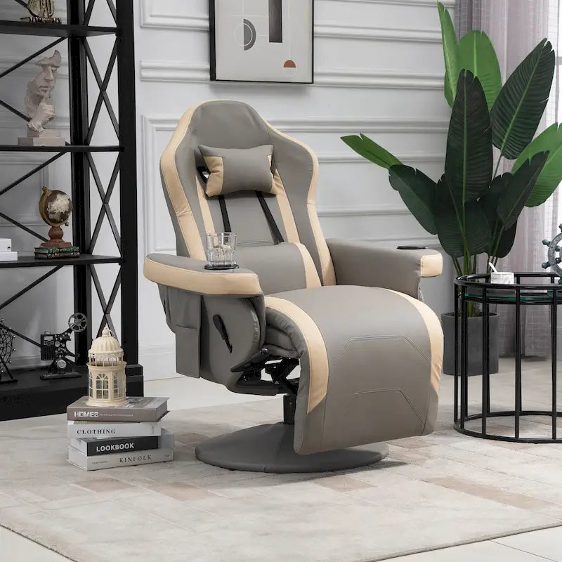 Fauteuil inclinable manuel en cuir PU avec inclinaison à 135°, repose-pieds réglable, pivotant à 360°, porte-gobelets et poches de rangement