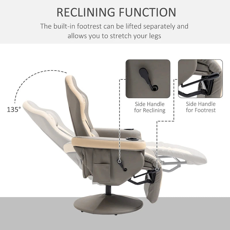 Fauteuil inclinable manuel en cuir PU avec inclinaison à 135°, repose-pieds réglable, pivotant à 360°, porte-gobelets et poches de rangement