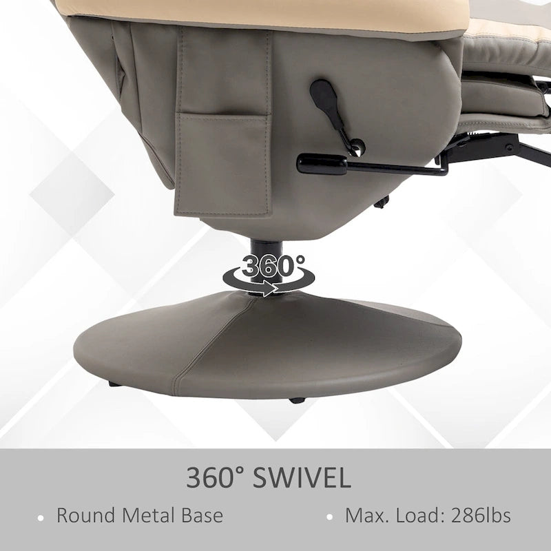 Fauteuil inclinable manuel en cuir PU avec inclinaison à 135°, repose-pieds réglable, pivotant à 360°, porte-gobelets et poches de rangement