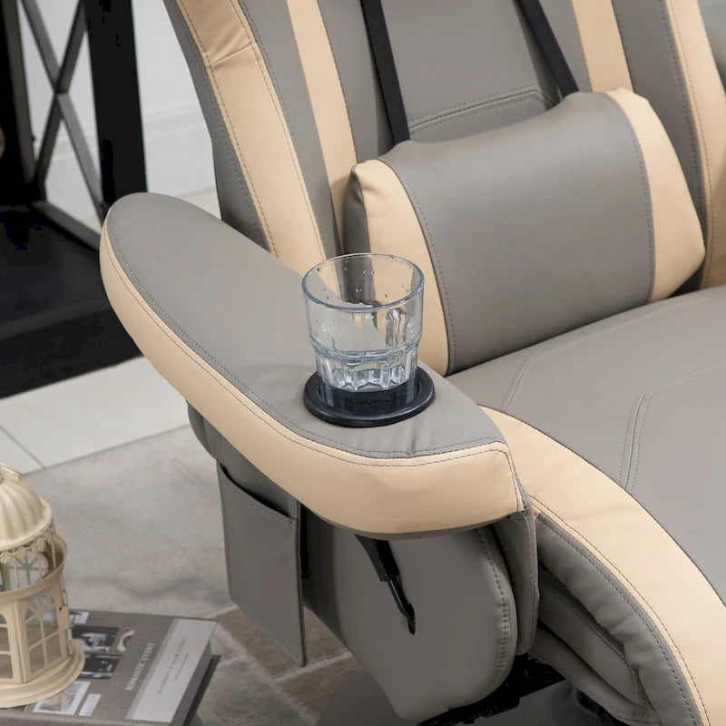 Fauteuil inclinable manuel en cuir PU avec inclinaison à 135°, repose-pieds réglable, pivotant à 360°, porte-gobelets et poches de rangement