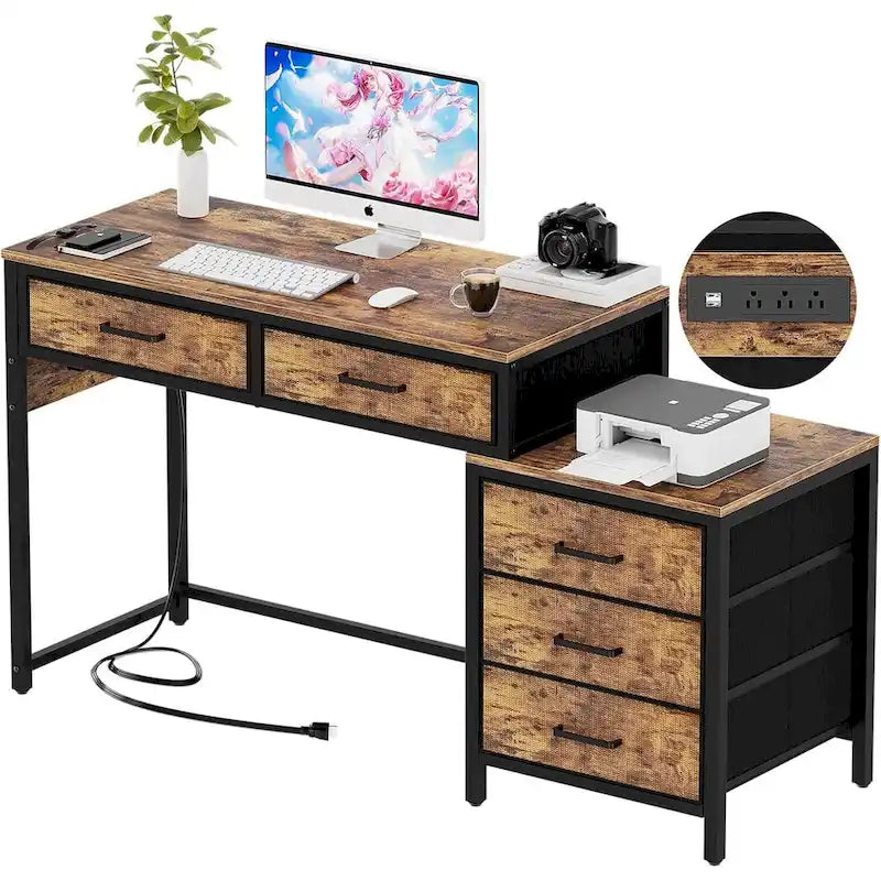 Bureau d'ordinateur de 55" avec 5 tiroirs en tissu, bureau à domicile avec prises de courant, support d'imprimante