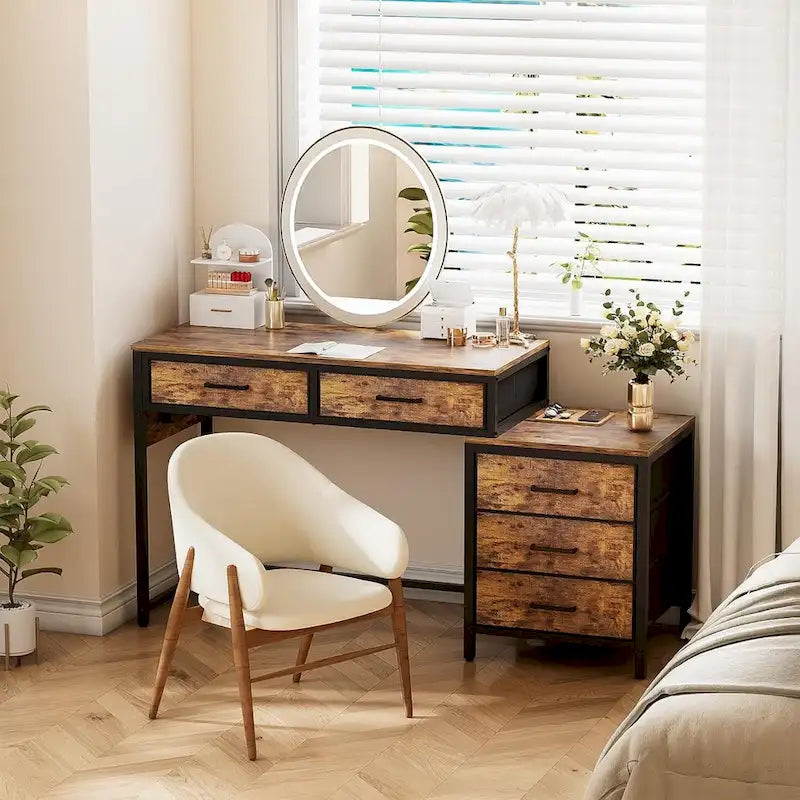 Bureau d'ordinateur de 55" avec 5 tiroirs en tissu, bureau à domicile avec prises de courant, support d'imprimante