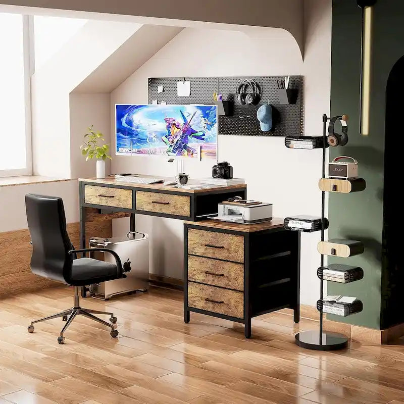 Bureau d'ordinateur de 55" avec 5 tiroirs en tissu, bureau à domicile avec prises de courant, support d'imprimante