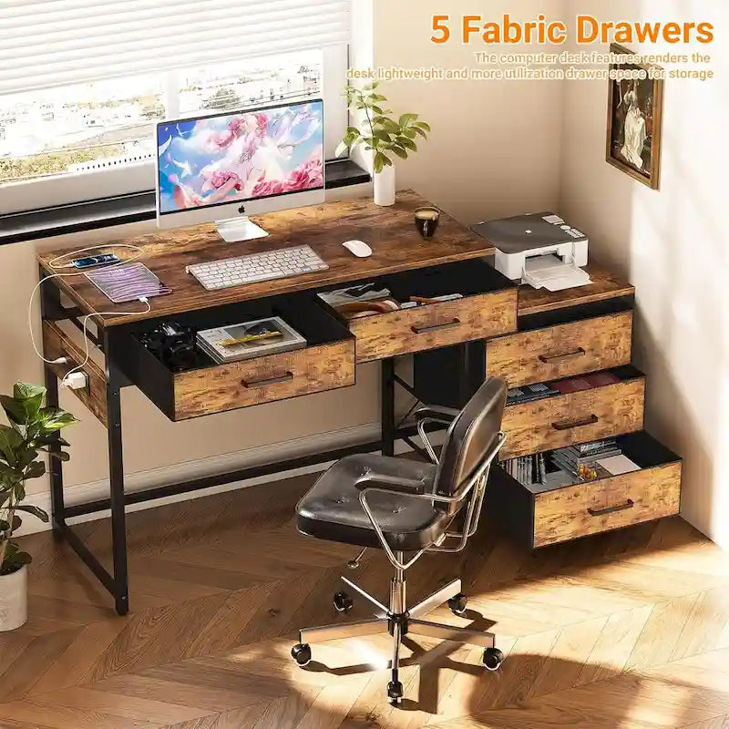 Bureau d'ordinateur de 55" avec 5 tiroirs en tissu, bureau à domicile avec prises de courant, support d'imprimante