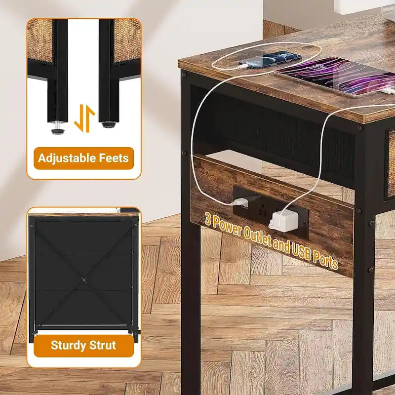 Bureau d'ordinateur de 55" avec 5 tiroirs en tissu, bureau à domicile avec prises de courant, support d'imprimante