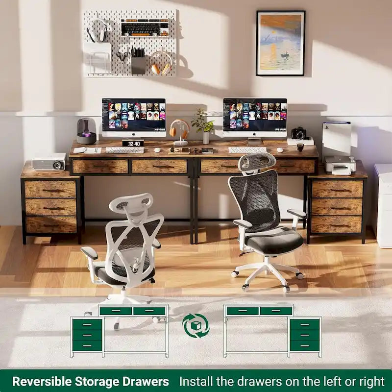 Bureau d'ordinateur de 55" avec 5 tiroirs en tissu, bureau à domicile avec prises de courant, support d'imprimante