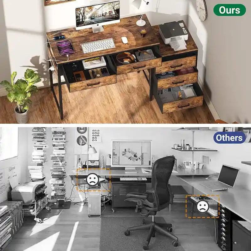 Bureau d'ordinateur de 55" avec 5 tiroirs en tissu, bureau à domicile avec prises de courant, support d'imprimante