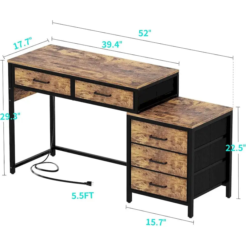 Bureau d'ordinateur de 55" avec 5 tiroirs en tissu, bureau à domicile avec prises de courant, support d'imprimante