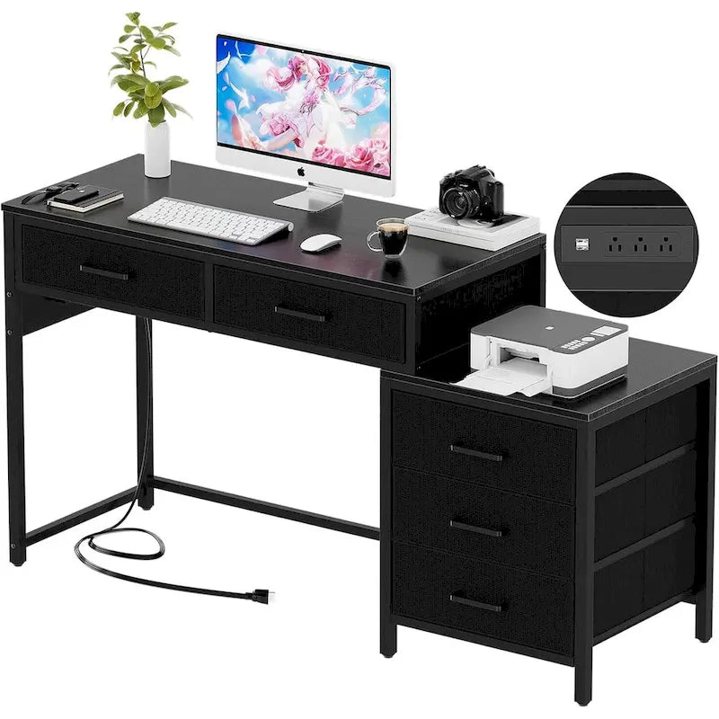 Bureau d'ordinateur de 55" avec 5 tiroirs en tissu, bureau à domicile avec prises de courant, support d'imprimante