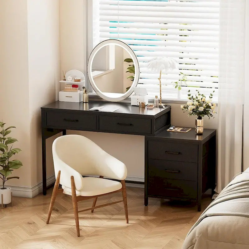 Bureau d'ordinateur de 55" avec 5 tiroirs en tissu, bureau à domicile avec prises de courant, support d'imprimante