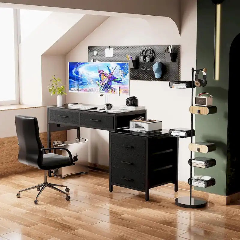 Bureau d'ordinateur de 55" avec 5 tiroirs en tissu, bureau à domicile avec prises de courant, support d'imprimante
