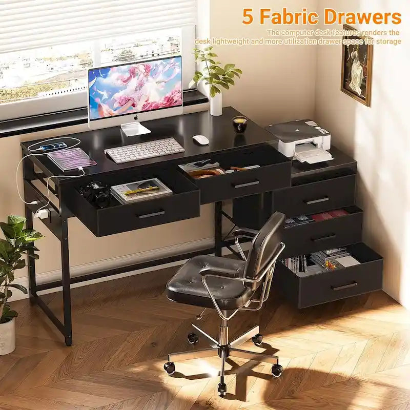 Bureau d'ordinateur de 55" avec 5 tiroirs en tissu, bureau à domicile avec prises de courant, support d'imprimante