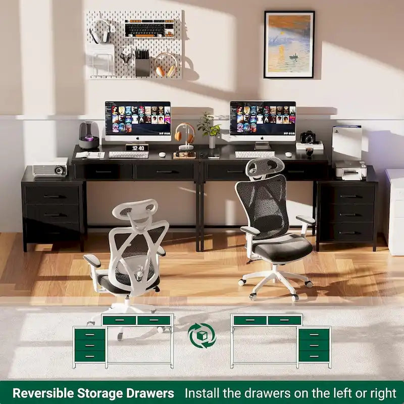 Bureau d'ordinateur de 55" avec 5 tiroirs en tissu, bureau à domicile avec prises de courant, support d'imprimante