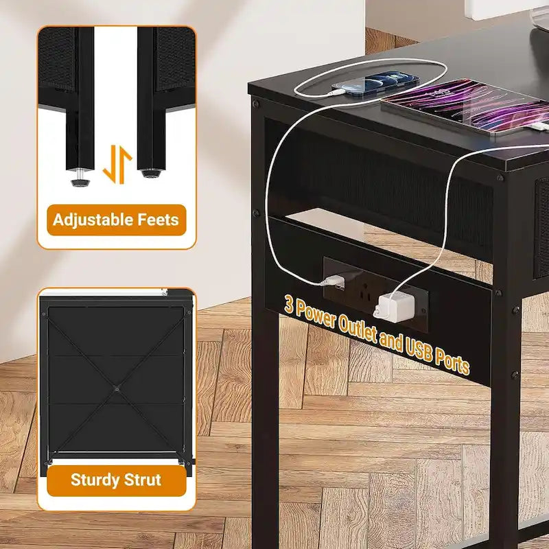 Bureau d'ordinateur de 55" avec 5 tiroirs en tissu, bureau à domicile avec prises de courant, support d'imprimante