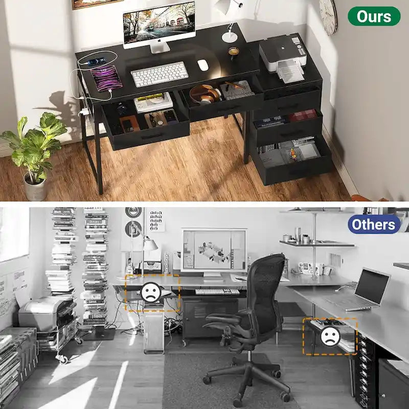 Bureau d'ordinateur de 55" avec 5 tiroirs en tissu, bureau à domicile avec prises de courant, support d'imprimante