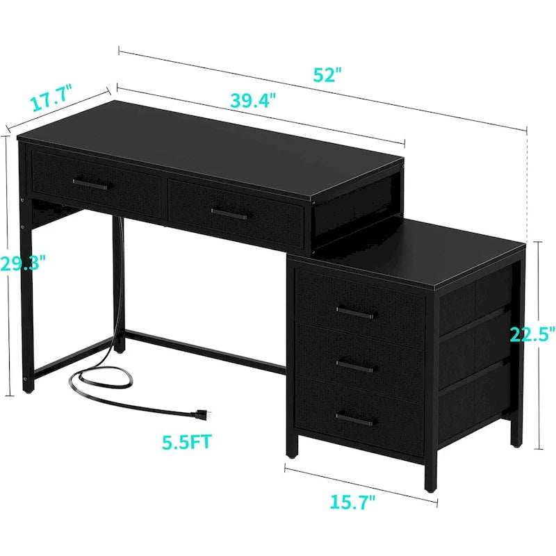 Bureau d'ordinateur de 55" avec 5 tiroirs en tissu, bureau à domicile avec prises de courant, support d'imprimante