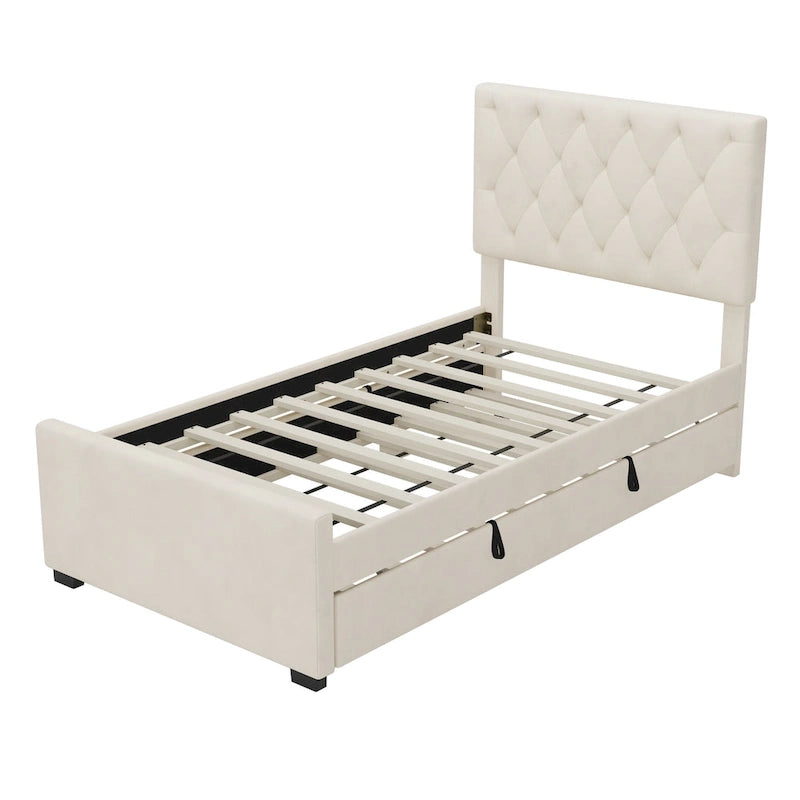 Lit plateforme rembourré double avec lit gigogne et tête de lit réglable, lit à oreilles sans sommier tapissier, support à lattes en bois