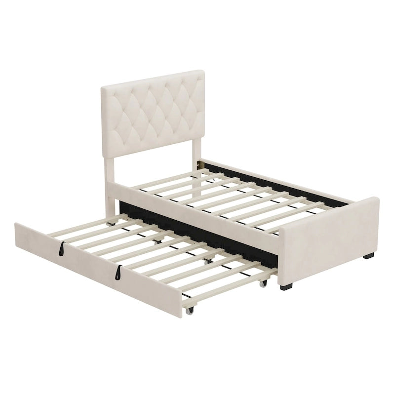 Lit plateforme rembourré double avec lit gigogne et tête de lit réglable, lit à oreilles sans sommier tapissier, support à lattes en bois