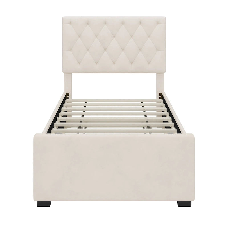 Lit plateforme rembourré double avec lit gigogne et tête de lit réglable, lit à oreilles sans sommier tapissier, support à lattes en bois