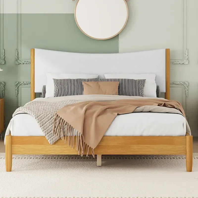 Lit double en bois d'hévéa naturel avec plateforme, tête de lit capitonnée en velours Teddy
