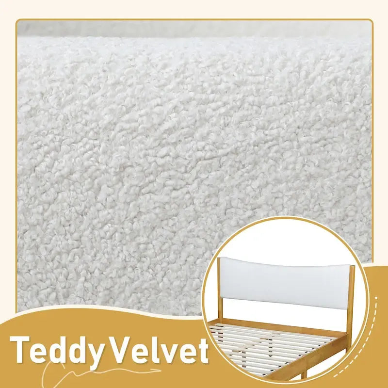 Lit double en bois d'hévéa naturel avec plateforme, tête de lit capitonnée en velours Teddy