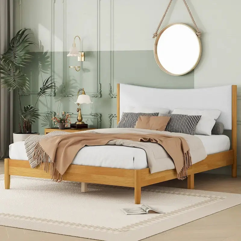 Lit double en bois d'hévéa naturel avec plateforme, tête de lit capitonnée en velours Teddy