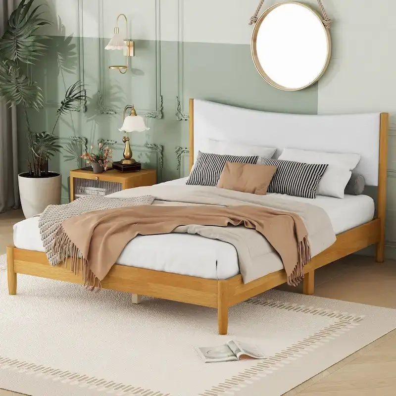Lit double en bois d'hévéa naturel avec plateforme, tête de lit capitonnée en velours Teddy