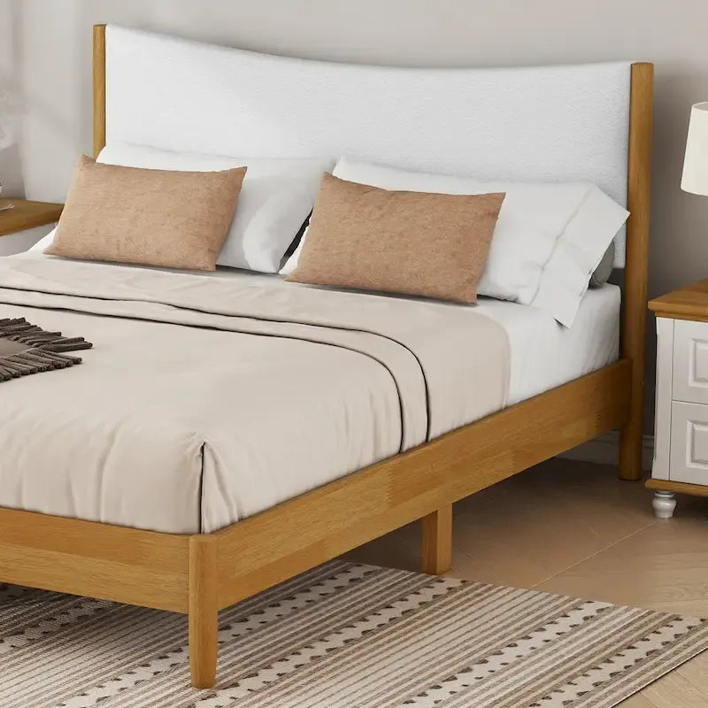Lit double en bois d'hévéa naturel avec plateforme, tête de lit capitonnée en velours Teddy