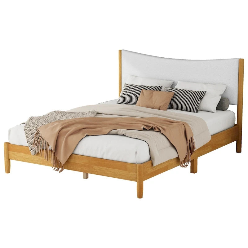 Lit double en bois d'hévéa naturel avec plateforme, tête de lit capitonnée en velours Teddy
