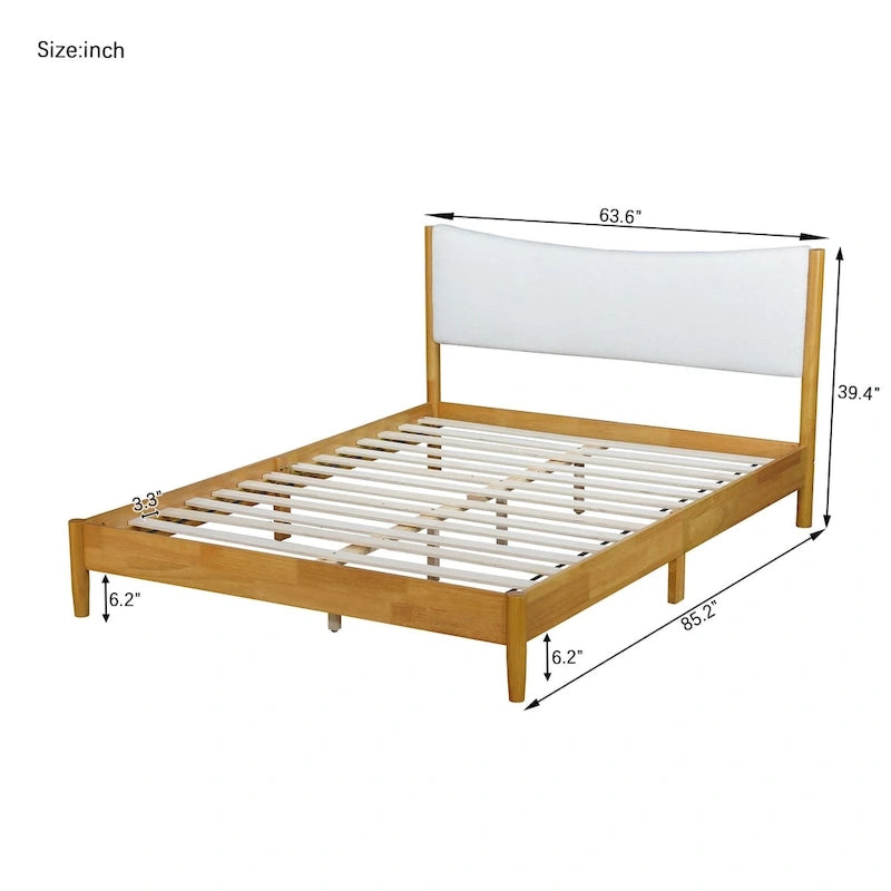 Lit double en bois d'hévéa naturel avec plateforme, tête de lit capitonnée en velours Teddy