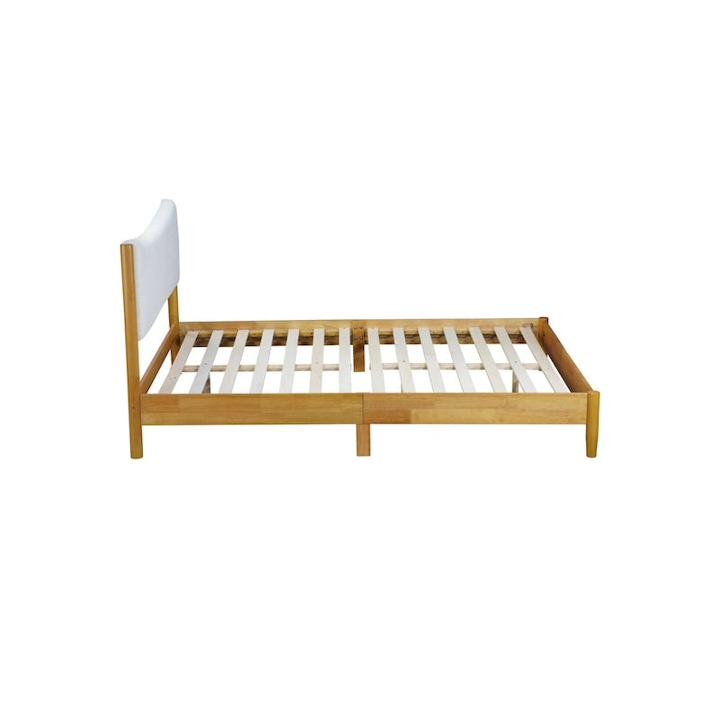 Lit double en bois d'hévéa naturel avec plateforme, tête de lit capitonnée en velours Teddy
