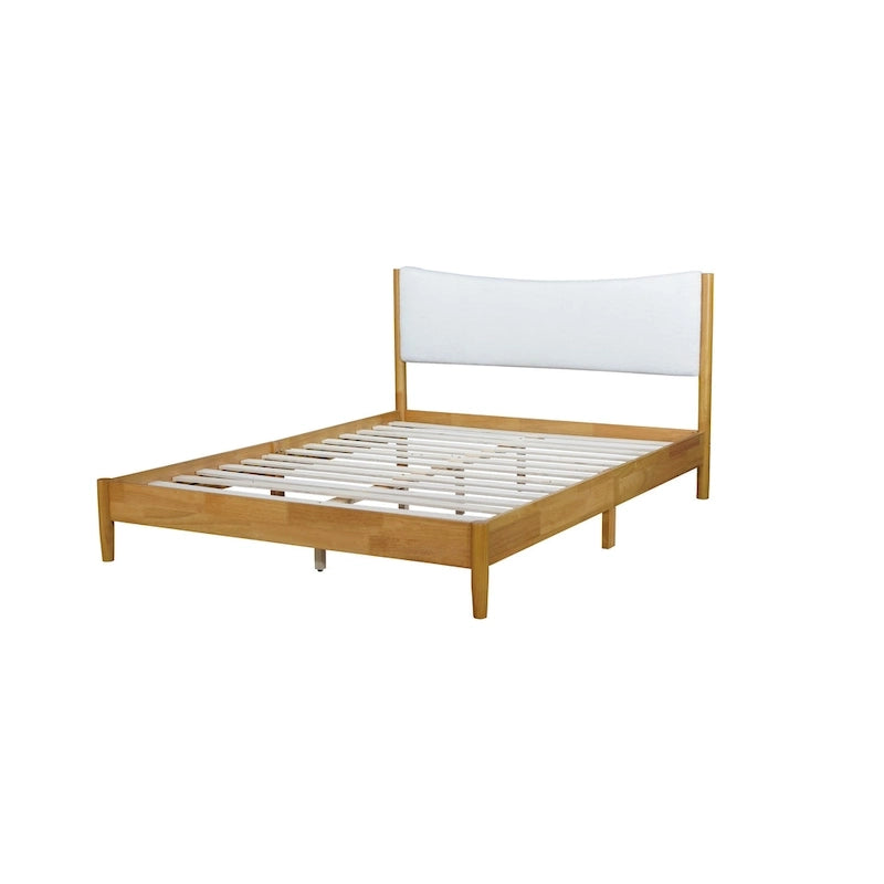 Lit double en bois d'hévéa naturel avec plateforme, tête de lit capitonnée en velours Teddy
