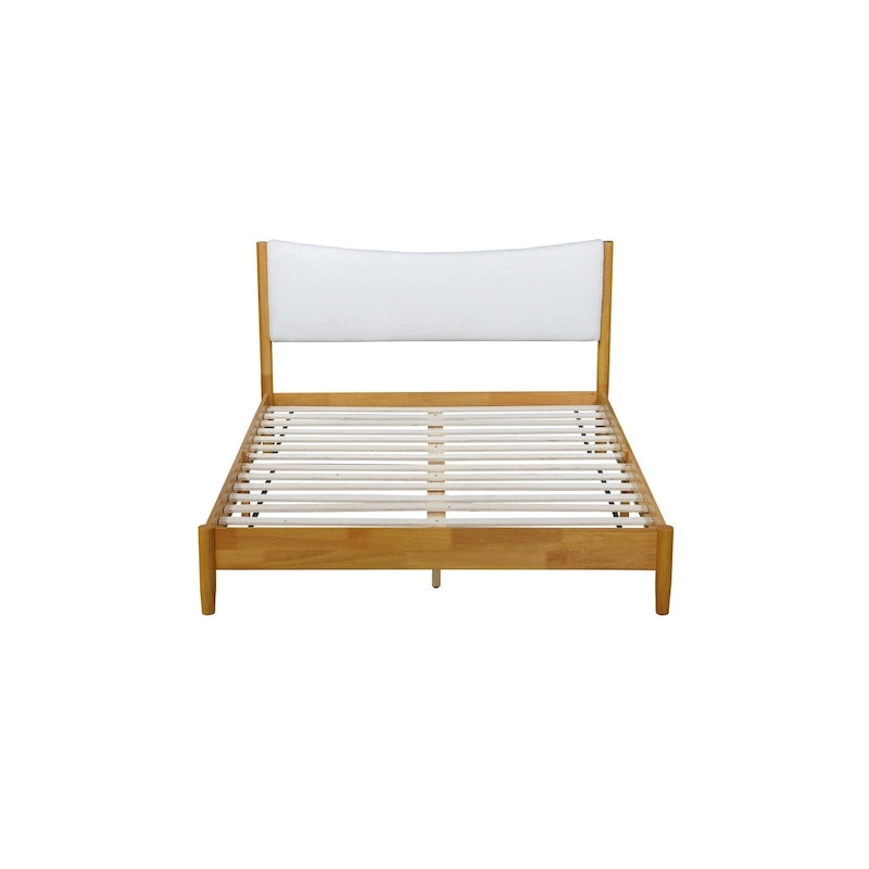 Lit double en bois d'hévéa naturel avec plateforme, tête de lit capitonnée en velours Teddy