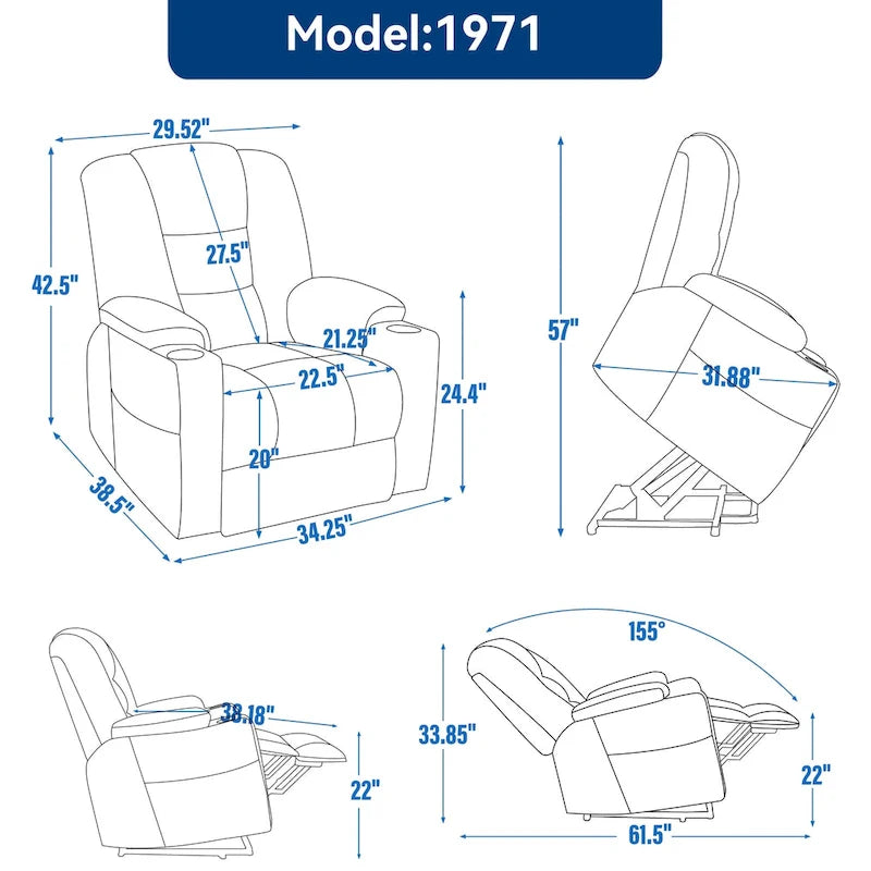 Grand fauteuil inclinable électrique avec massage et chauffage pour personnes âgées, fauteuil inclinable large surdimensionné, mécanisme de mouvement robuste
