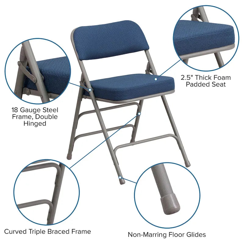 Lot de 2 chaises pliantes en métal, rembourrées en tissu, incurvées, à triple renfort et charnières