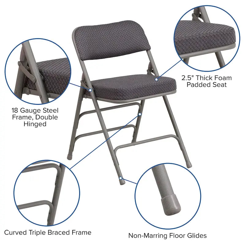 Lot de 2 chaises pliantes en métal, rembourrées en tissu, incurvées, à triple renfort et charnières