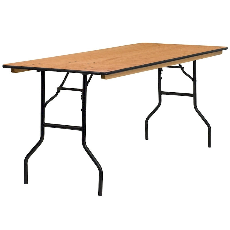 Table de banquet pliante rectangulaire en bois de 6 pieds avec plateau au fini laqué transparent - 72P x 30L x 30,25H