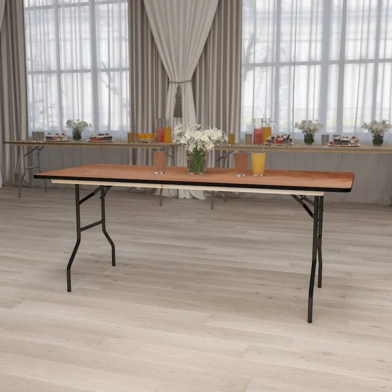 Table de banquet pliante rectangulaire en bois de 6 pieds avec plateau au fini laqué transparent - 72P x 30L x 30,25H