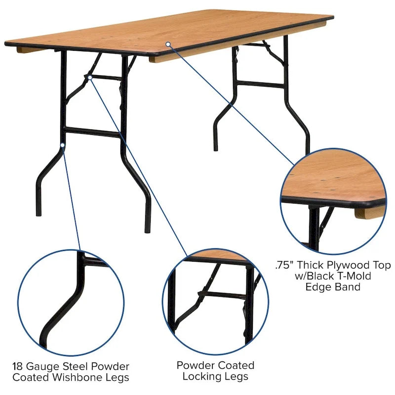 Table de banquet pliante rectangulaire en bois de 6 pieds avec plateau au fini laqué transparent - 72P x 30L x 30,25H
