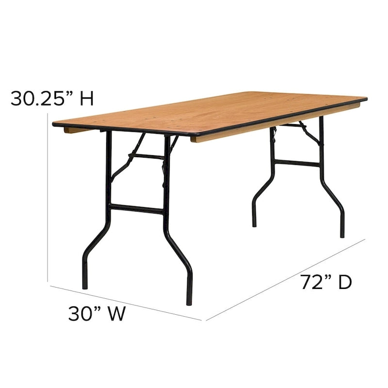 Table de banquet pliante rectangulaire en bois de 6 pieds avec plateau au fini laqué transparent - 72P x 30L x 30,25H