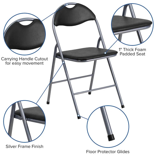 Lot de 2 chaises pliantes en vinyle et métal, capacité de 136 kg, avec poignée de transport